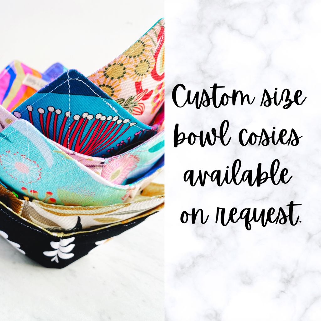 Set of two, budgies and flowers microwave bowl cosies. Soup and porridge hot bowl holders.