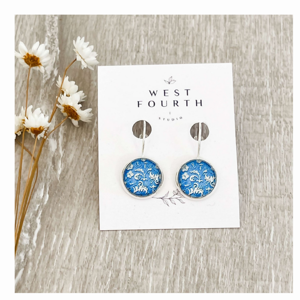 Blue Pattern Earrings handmade with Paper and Glass