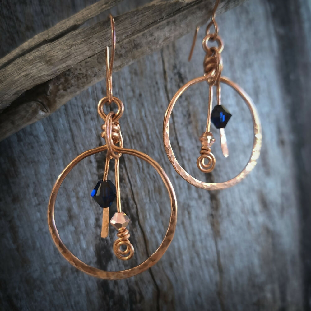 Copper Dangle Earrings with indigo & gold crystal bead