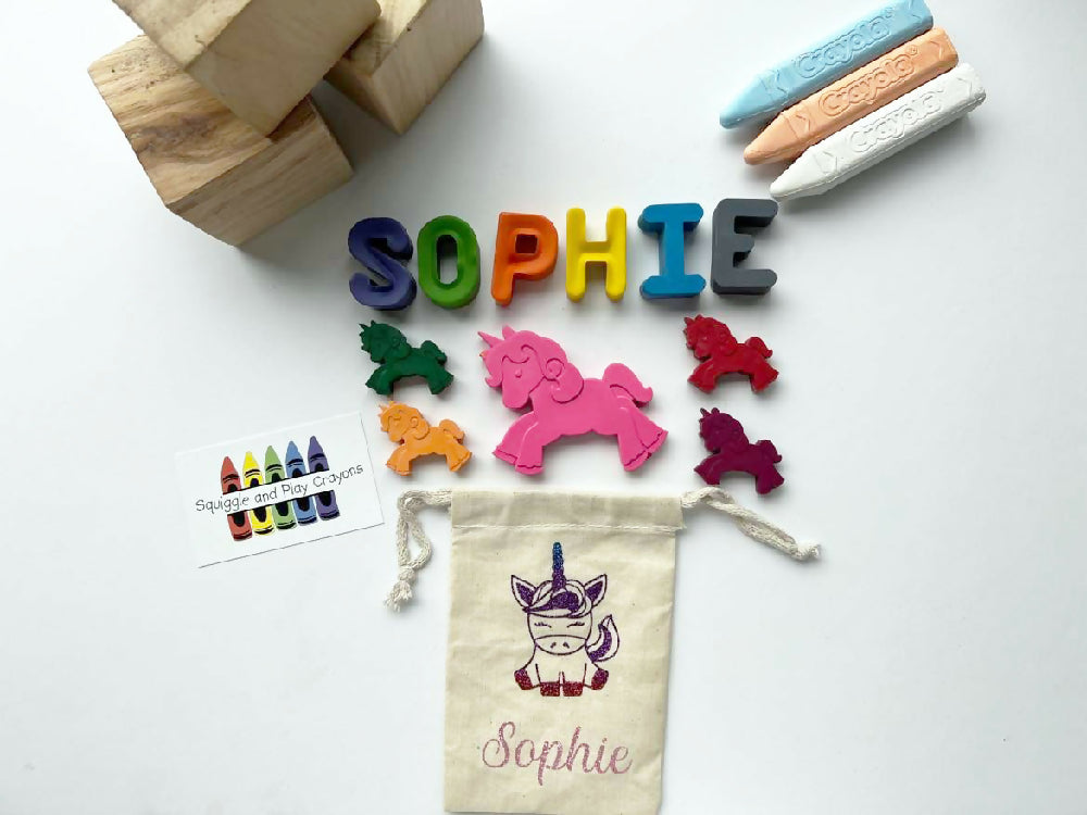 Name Crayons with Unicorn Crayons and Personalised Bag