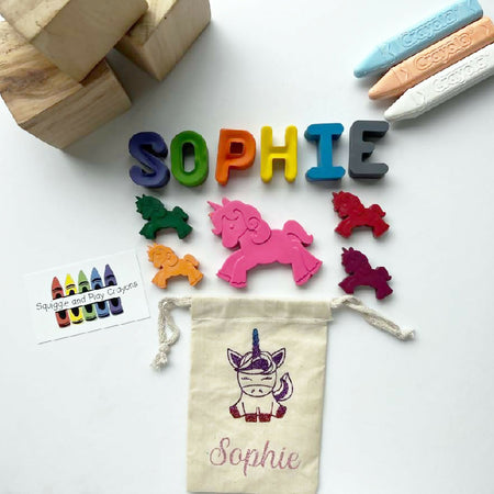 Name Crayons with Unicorn Crayons and Personalised Bag