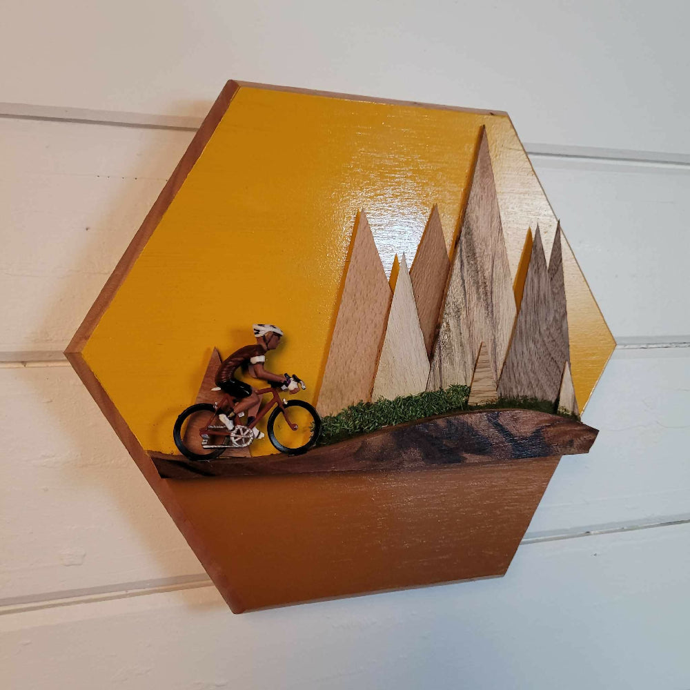 Wooden Frame-less wall art of cyclist road bike racer mountains,