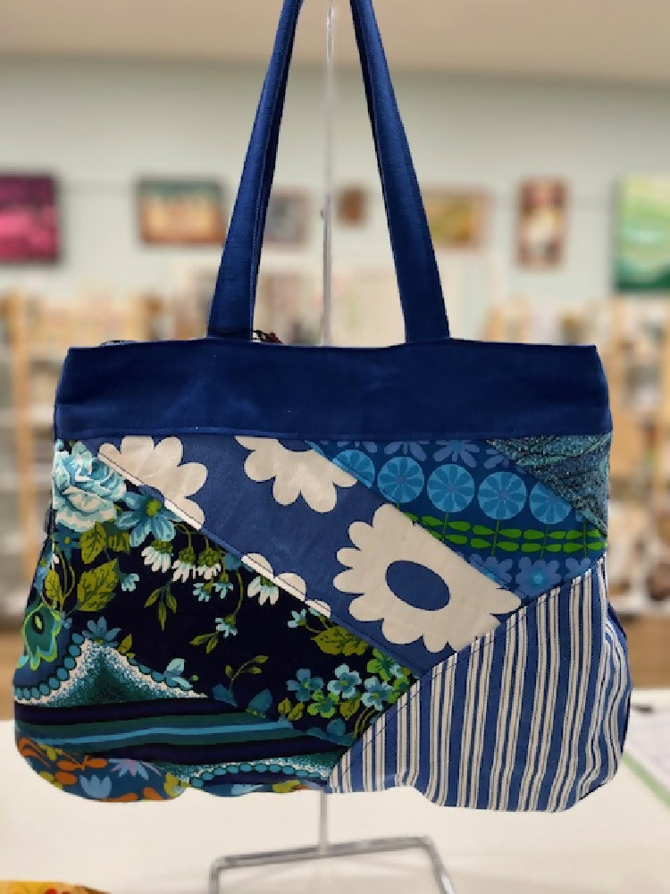 gorgeous blue vintage sunrise patch tote