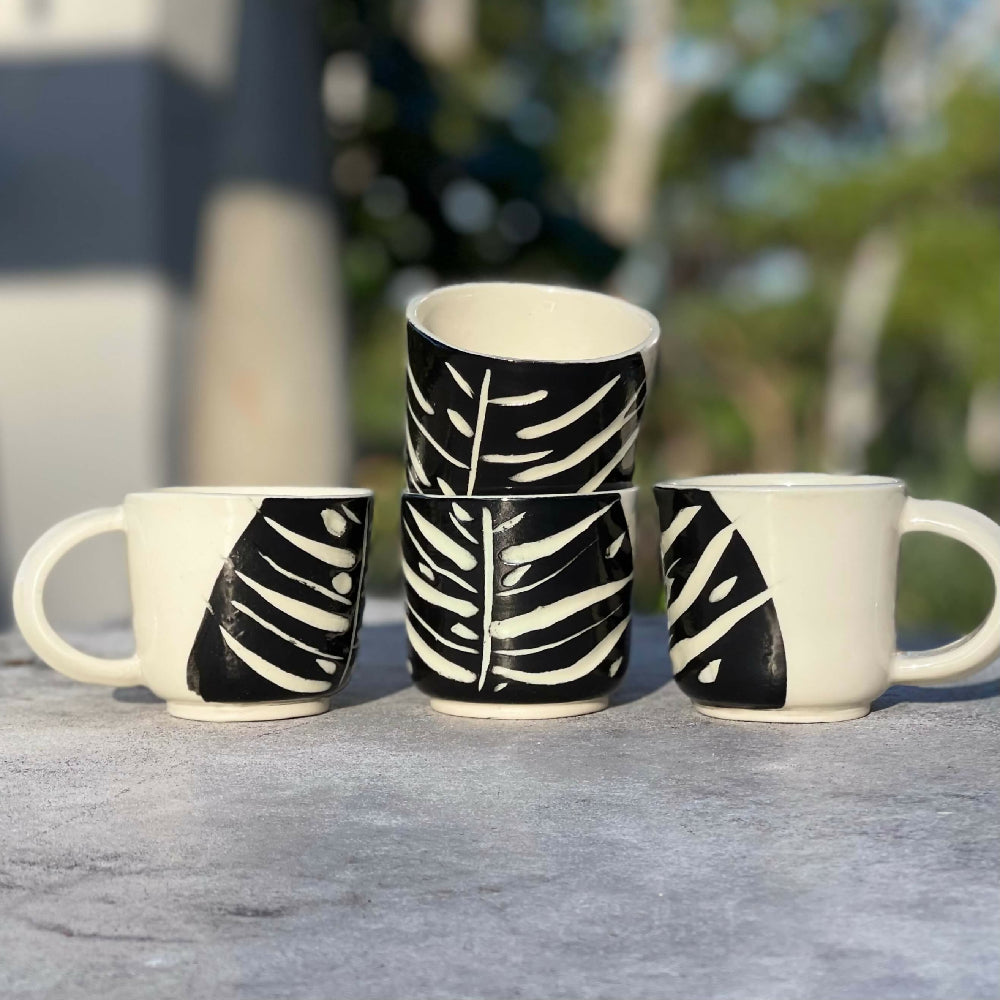 Australian Ceramic Pottery Artist Ana Ceramica Home Kitchen and Dining Cups and Glassware Zebra Leaf Mugs Set of 2 or 4 Wheel Thrown Pottery Australian Made