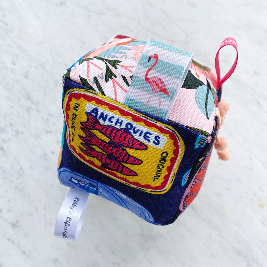 Sensory baby cube. Soft fabric toddler block. Baby shower and newborn gift.