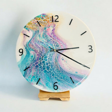 Timber Clock | 40cm Fluid Art/Resin | White-Teal-Sangria