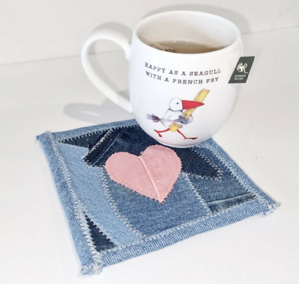 Denim Mug Rug with Pink Heart - Single Coaster - FREE SHIPPING!