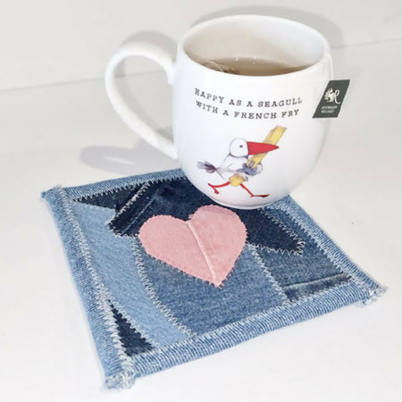 Denim Mug Rug with Pink Heart - Single Coaster - FREE SHIPPING!