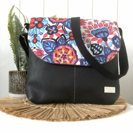 Canvas and Genuine Leather Crossbody Bag with Firework Flora