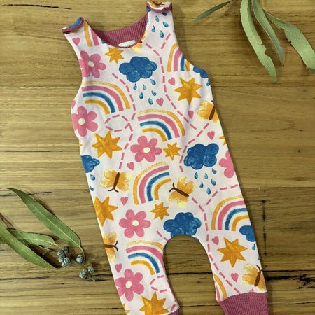 Baby Stretch Romper Suit - Pink Flowers Stars Rainbows