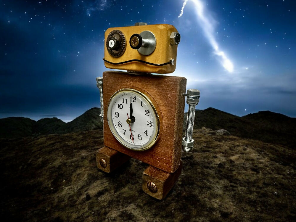 Robot Invention Clock Timothy - Wooden Steampunk Robot Clock
