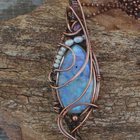 Cosmos - Rainbow Moonstone with Pearls and Ruby in Copper with chain
