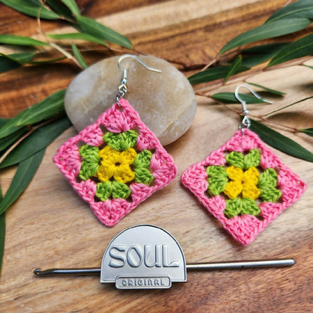 Crochet Earrings - Granny Square - Lemon, Lime & Cotton Candy Pink