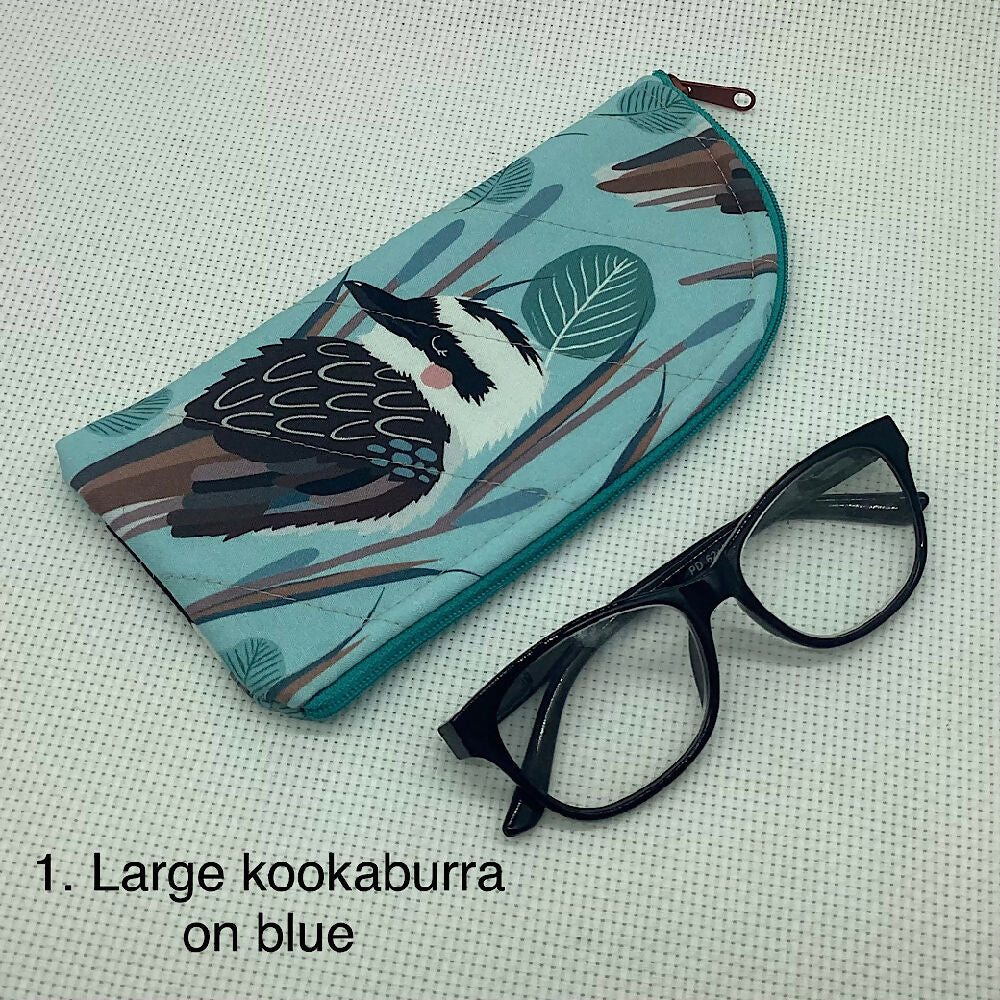 Australian Kookaburras curved top zip pouch for glasses, phones, handbag organiser, etc.