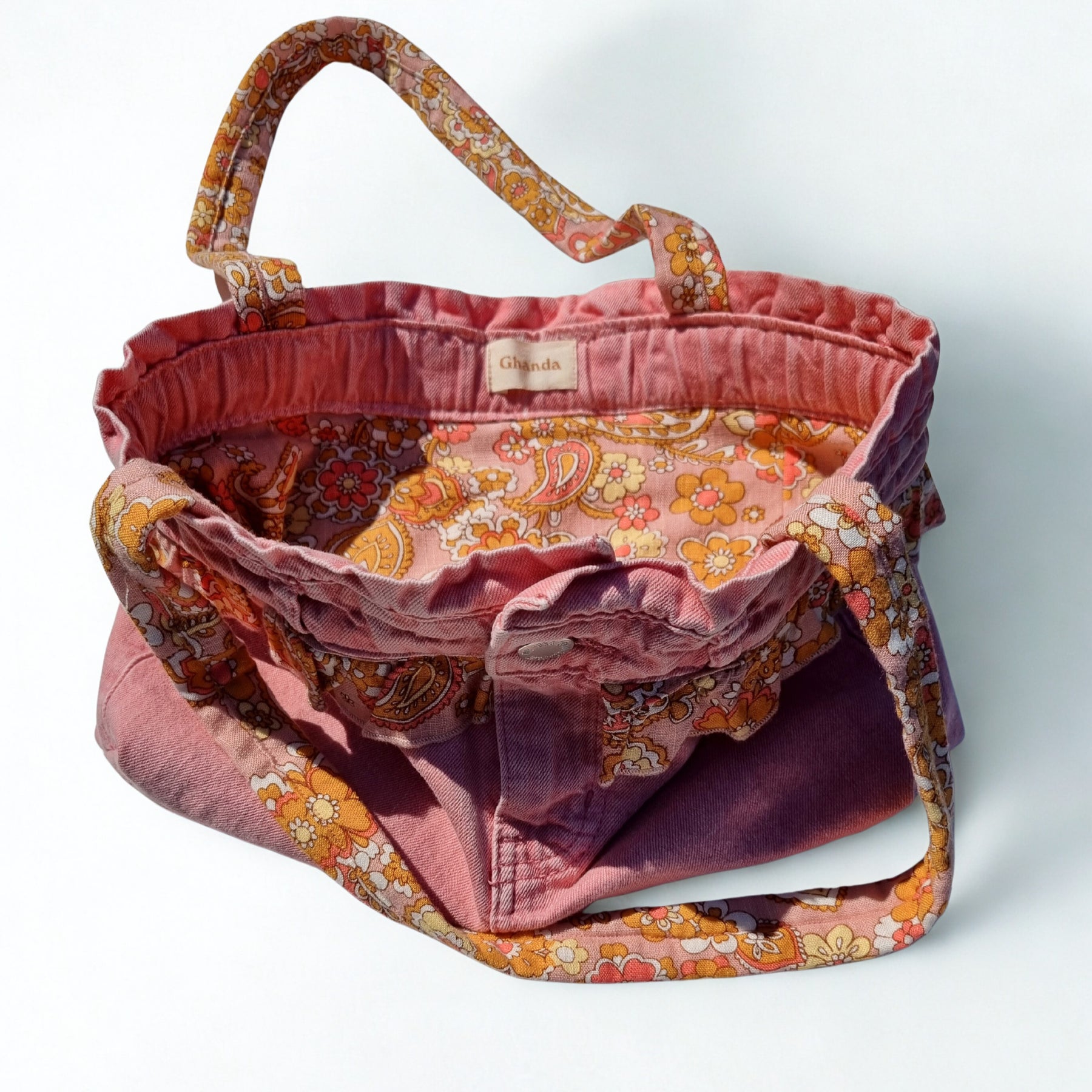 Pink Denim Handbag with Ghanda Lining and Frill