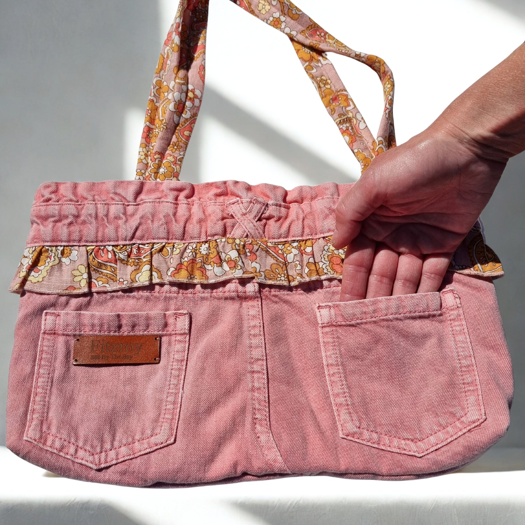 Pink Denim Handbag with Ghanda Lining and Frill
