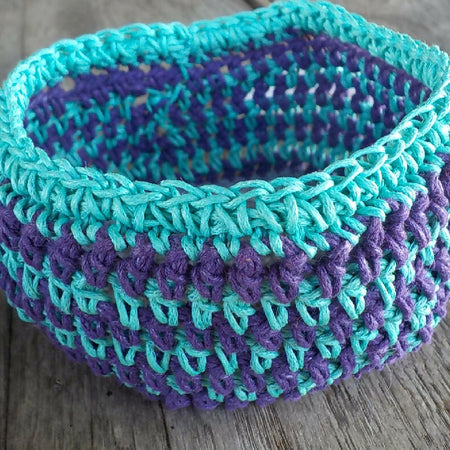 small crocheted basket purple and turquoise cotton