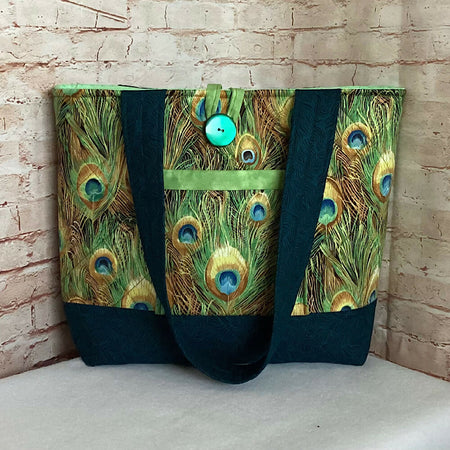 Peacock Feathers handbag, tote, shoulder bag for shopping, travel or craft.
