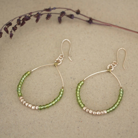 Green and Gold Seed Bead Hoop Earrings