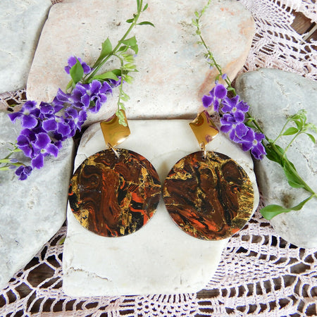 Brown & Gold Marbled Polymer Clay Earrings 