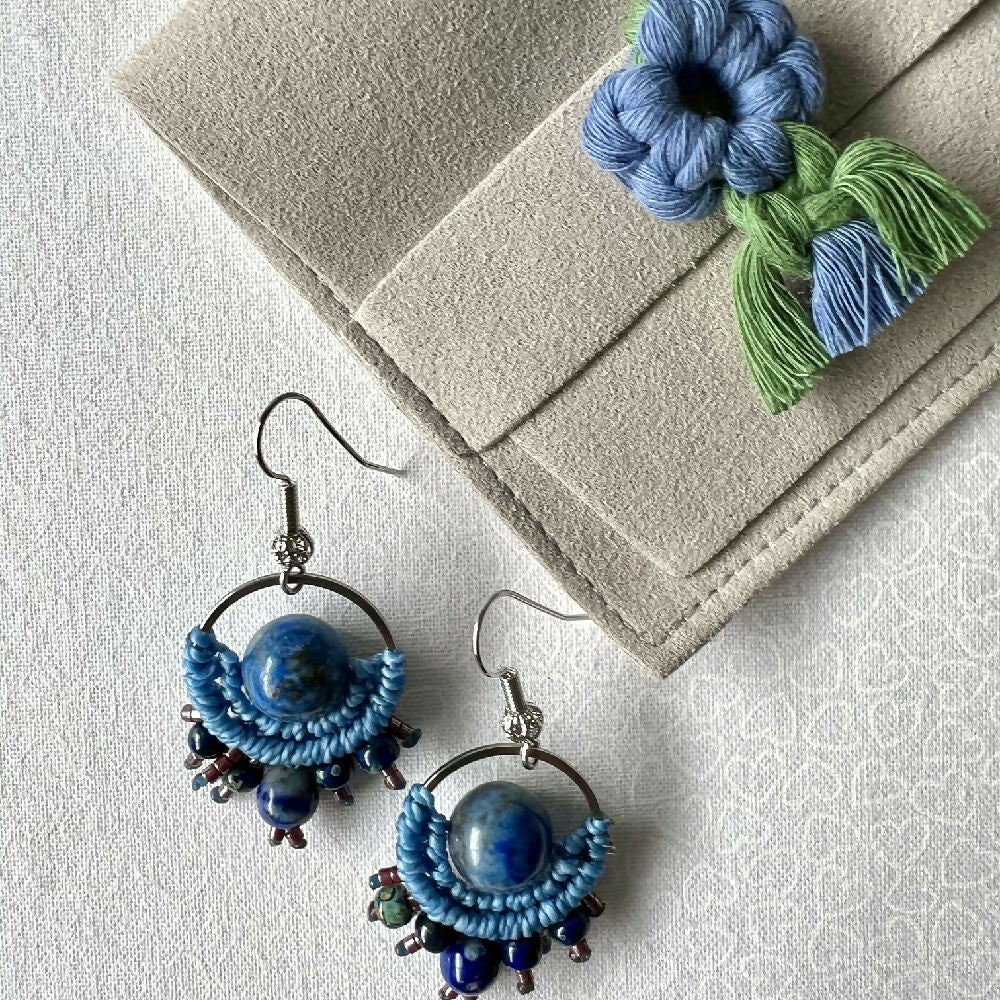 Blue Planet Micro Macrame Earrings - Lapiz Lazuli & Miyuki +Free Microfibre Pouch