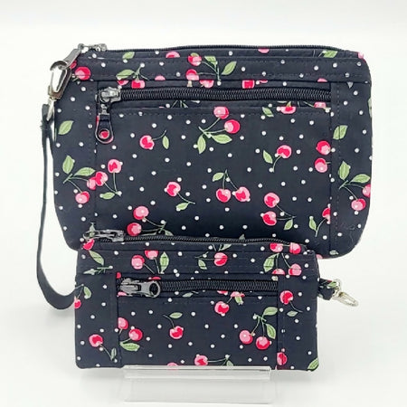 Cherries on Black Double Zippered Pouch with Matching Coin/Card Purse