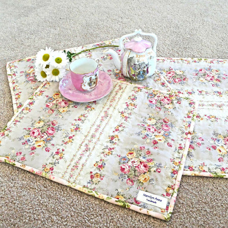 Pretty Christmas gift - rose fabric table runner, two mat set