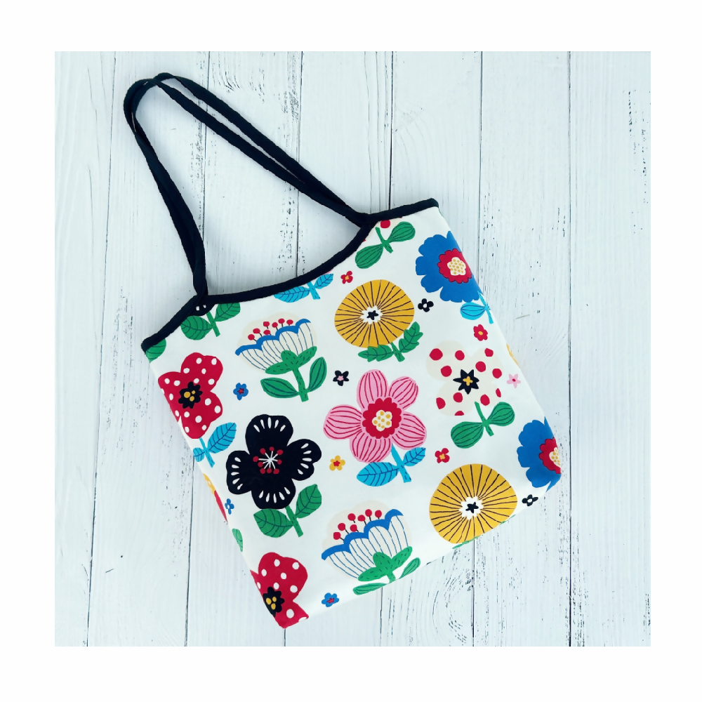 Shopping Tote Bag - White with Multicolour Flowers