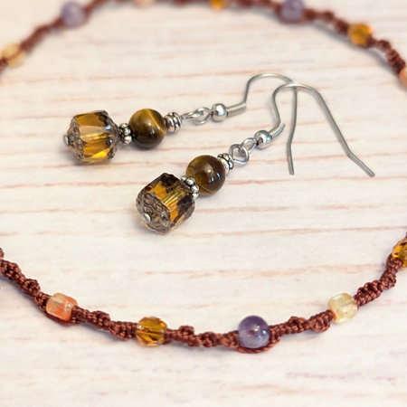 Amethyst and tigers eye anklet and earrings gift set