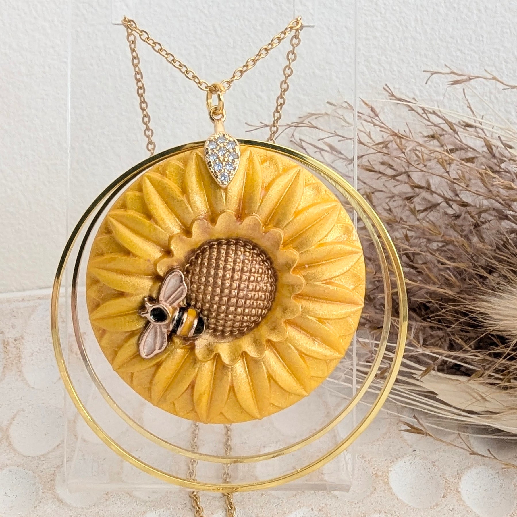 Golden Sunflower and Bee Pendant. Free shipping!