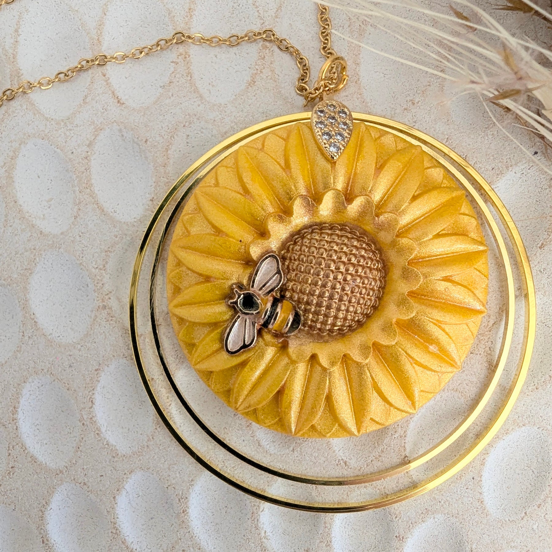 Golden Sunflower and Bee Pendant. Free shipping!