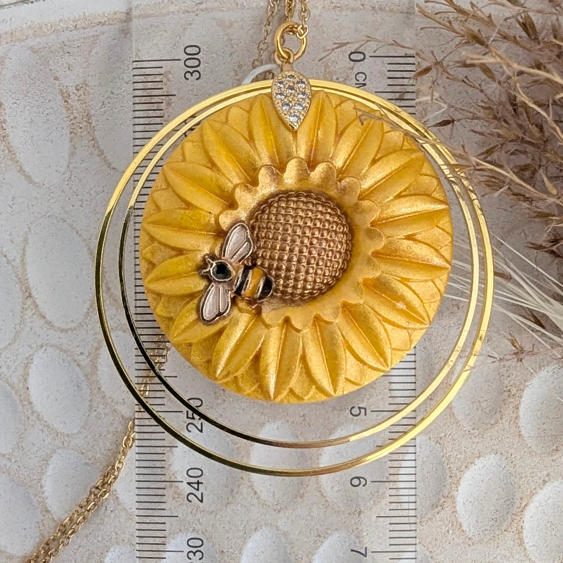Golden Sunflower and Bee Pendant. Free shipping!