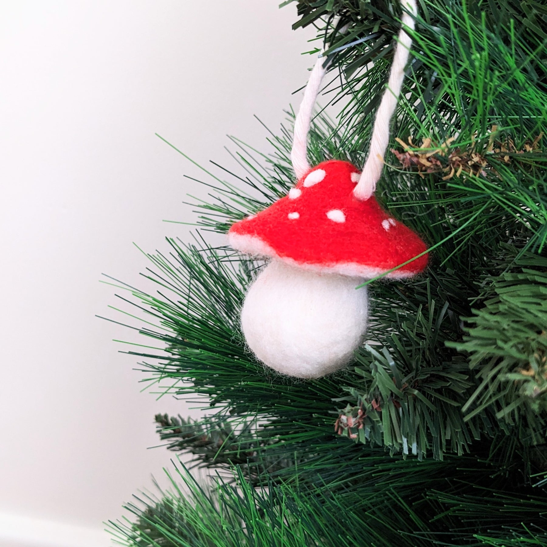 Mushroom hanging Christmas tree ornament - needle felted wool