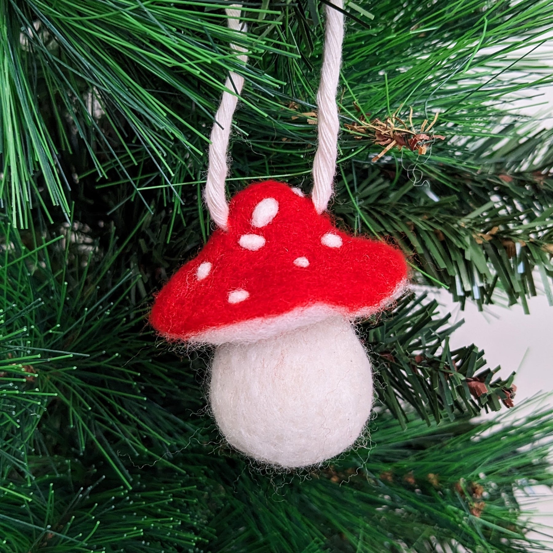 Mushroom hanging Christmas tree ornament - needle felted wool