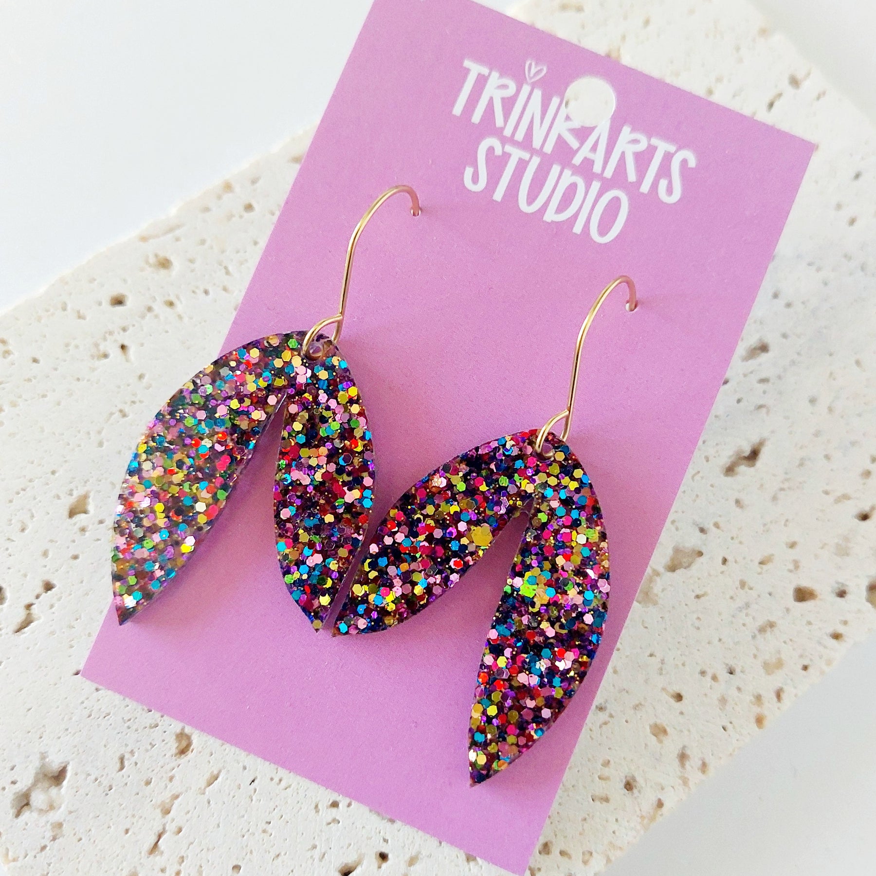 Rainbow Glitter Leaf Resin Dangle Earrings