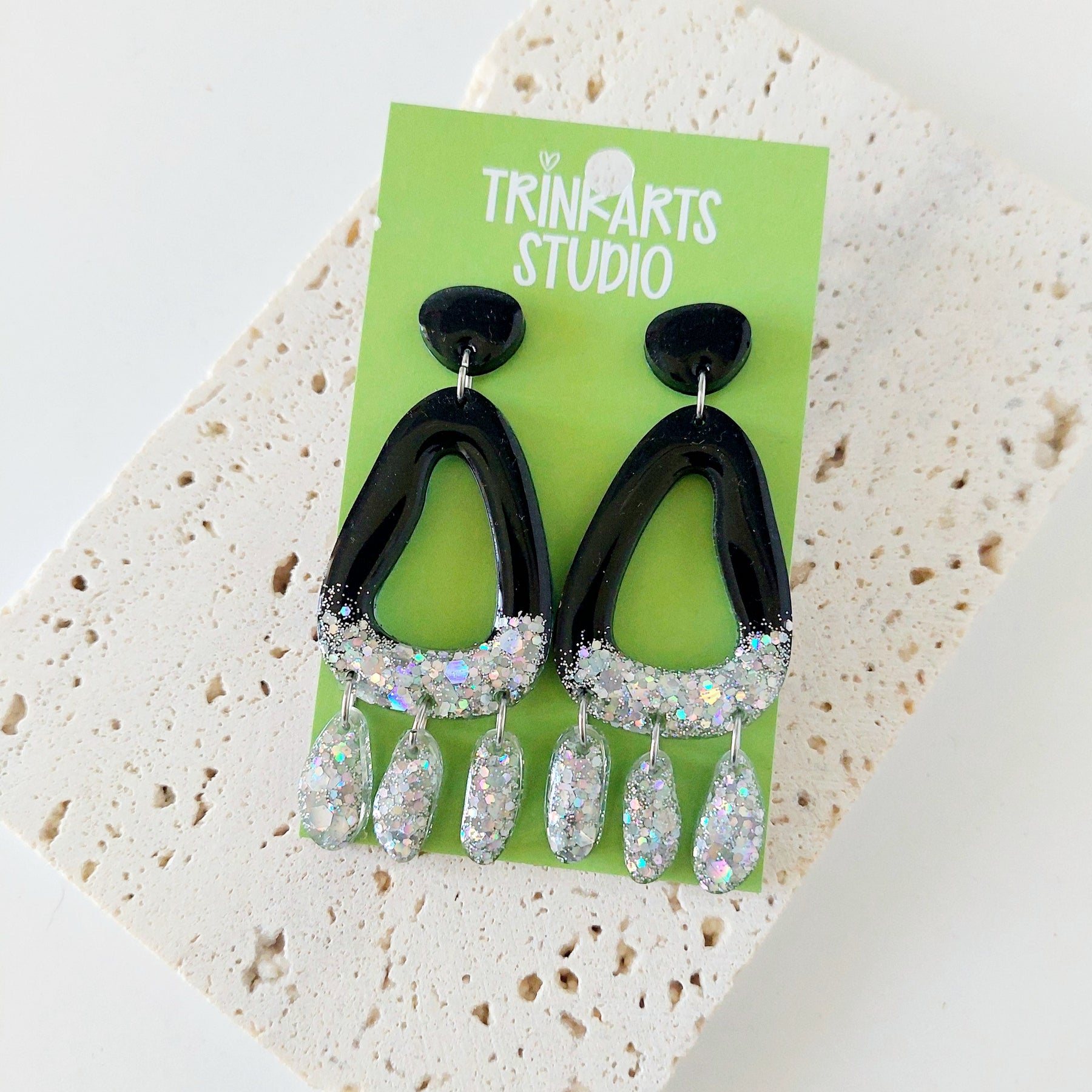 Black and Silver Glitter Resin Dangle Earrings