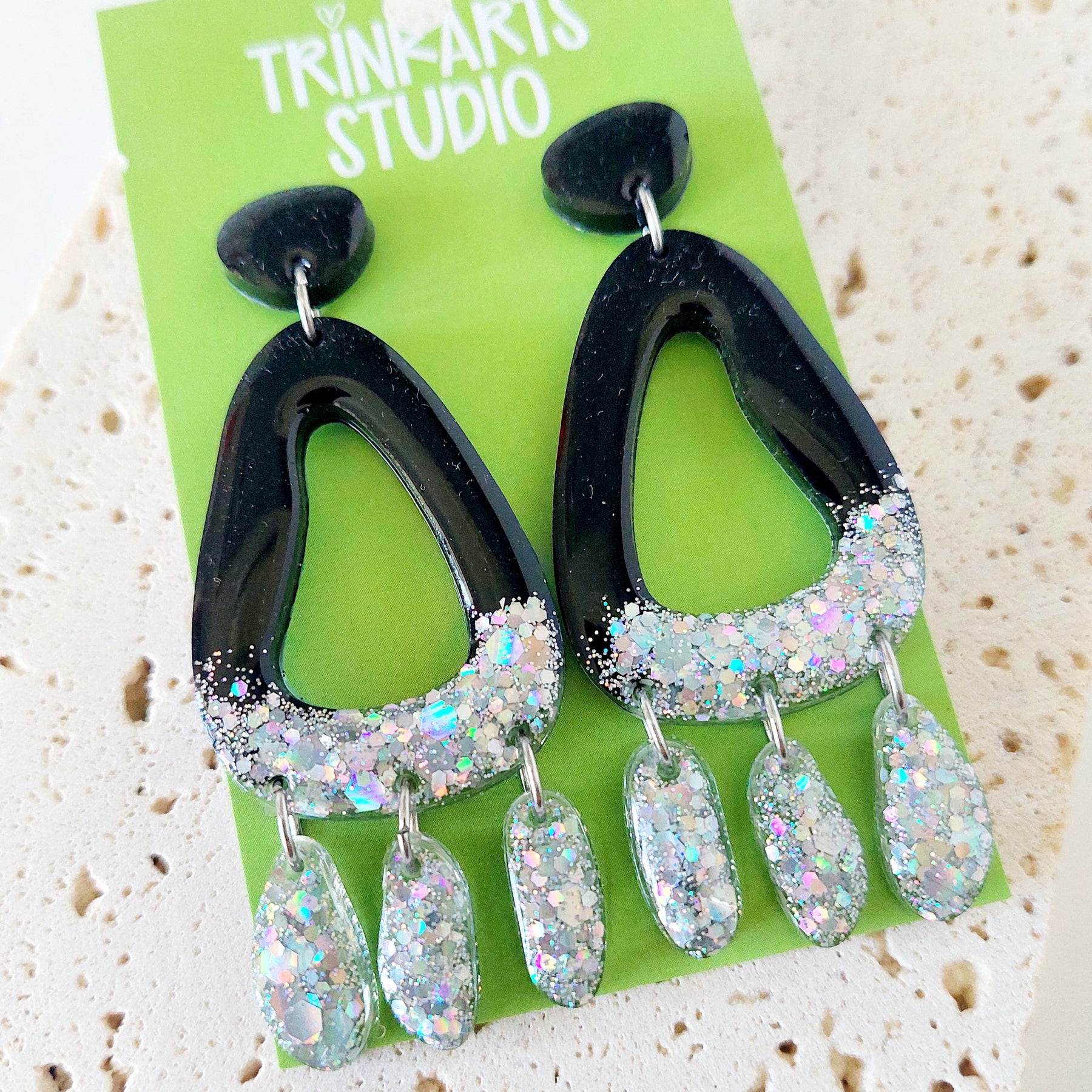 Black and Silver Glitter Resin Dangle Earrings