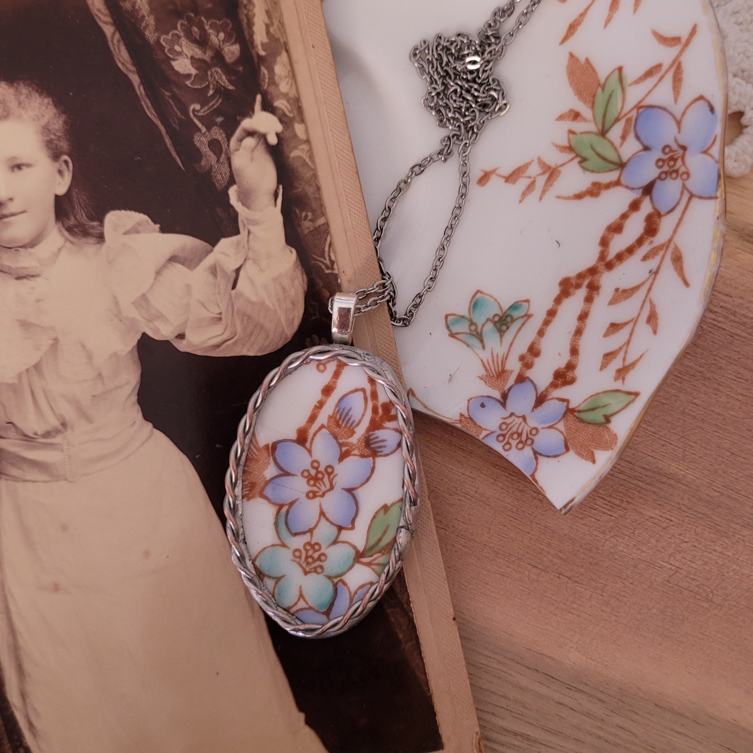 Upcycled Antique China - Pendant on stainless steel chain