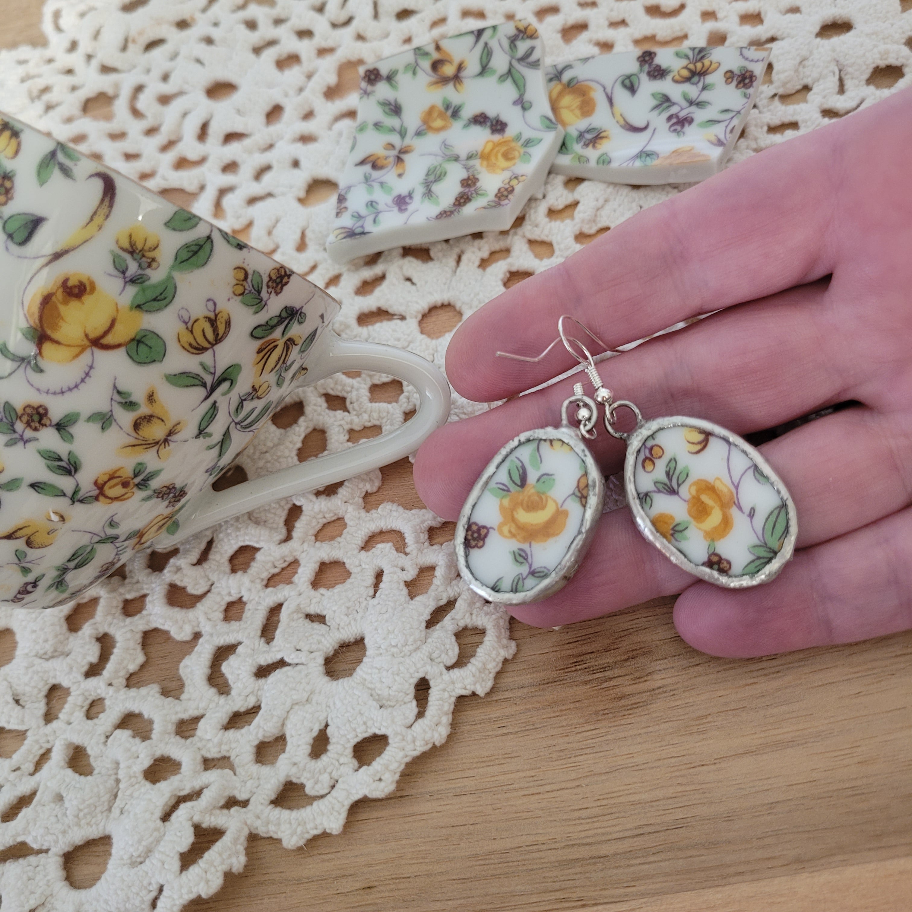 Upcycled Vintage China - yellow rose chintz earrings
