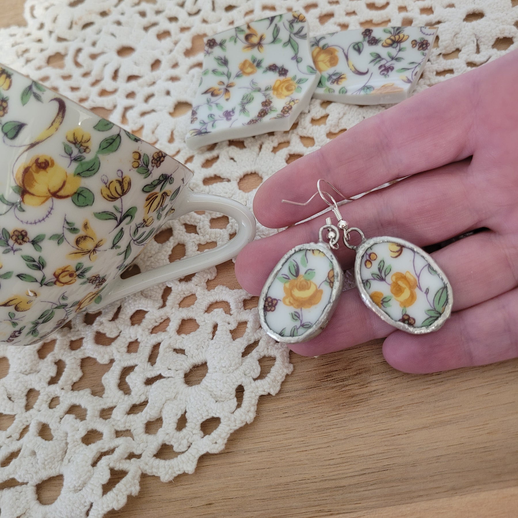 Upcycled Vintage China - yellow rose chintz earrings