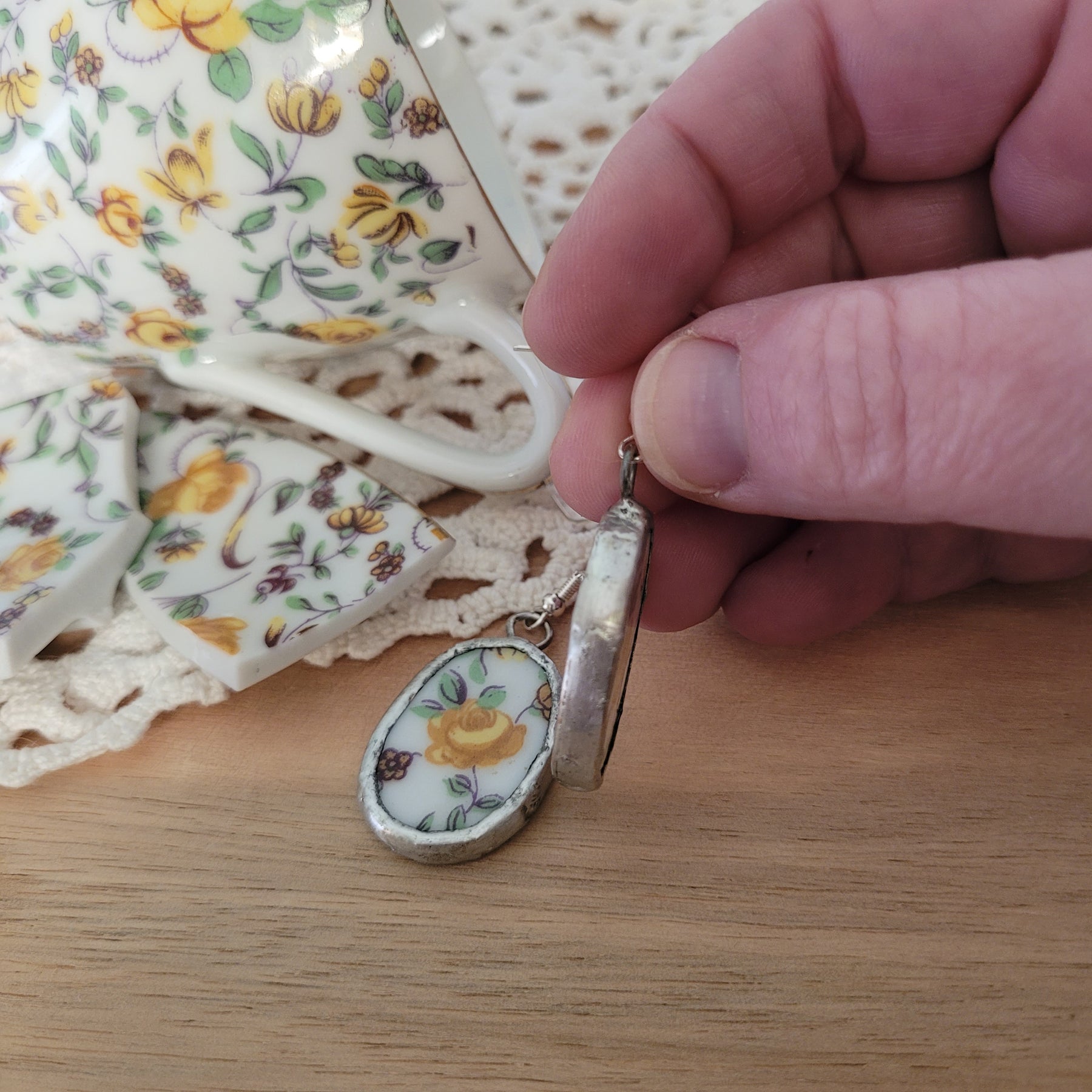 Upcycled Vintage China - yellow rose chintz earrings