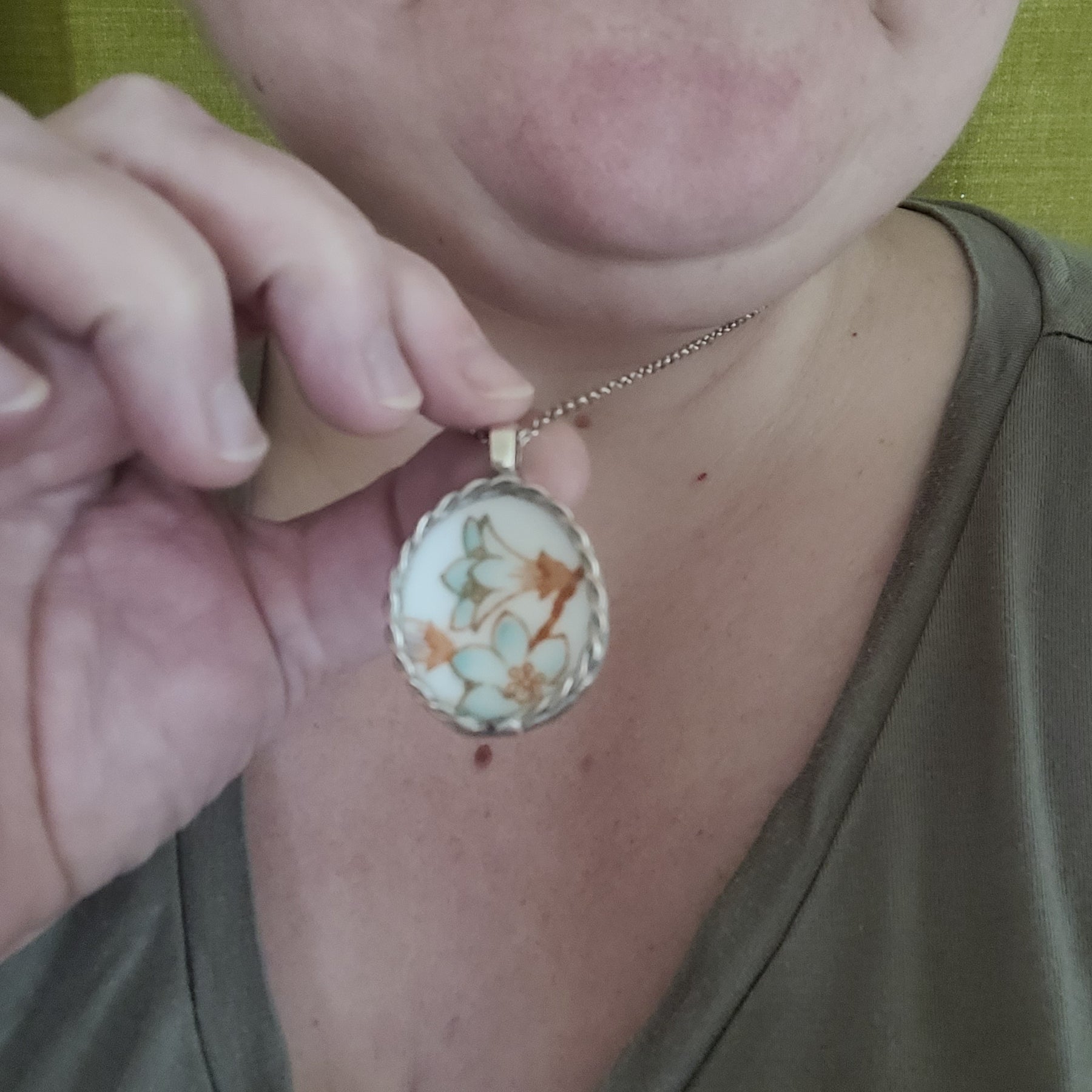 Upcycled Antique China - pendant on stainless steel chain