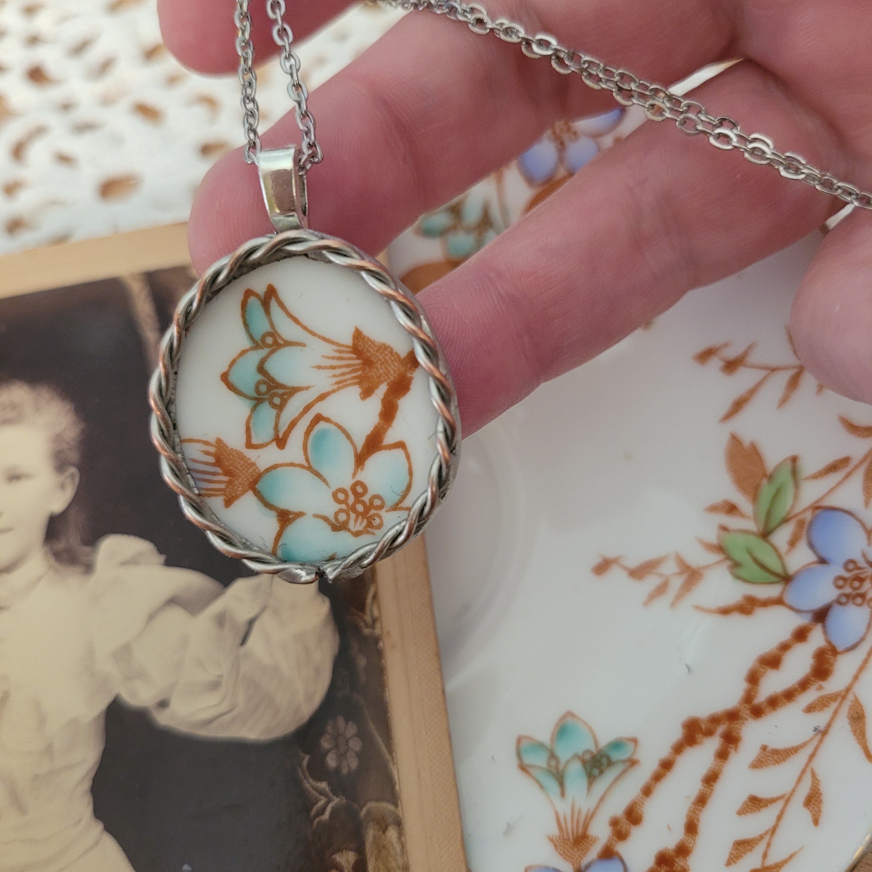 Upcycled Antique China - pendant on stainless steel chain