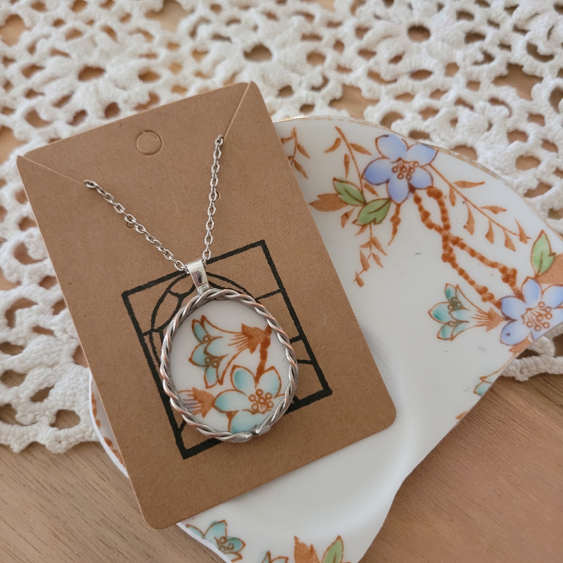 Upcycled Antique China - pendant on stainless steel chain