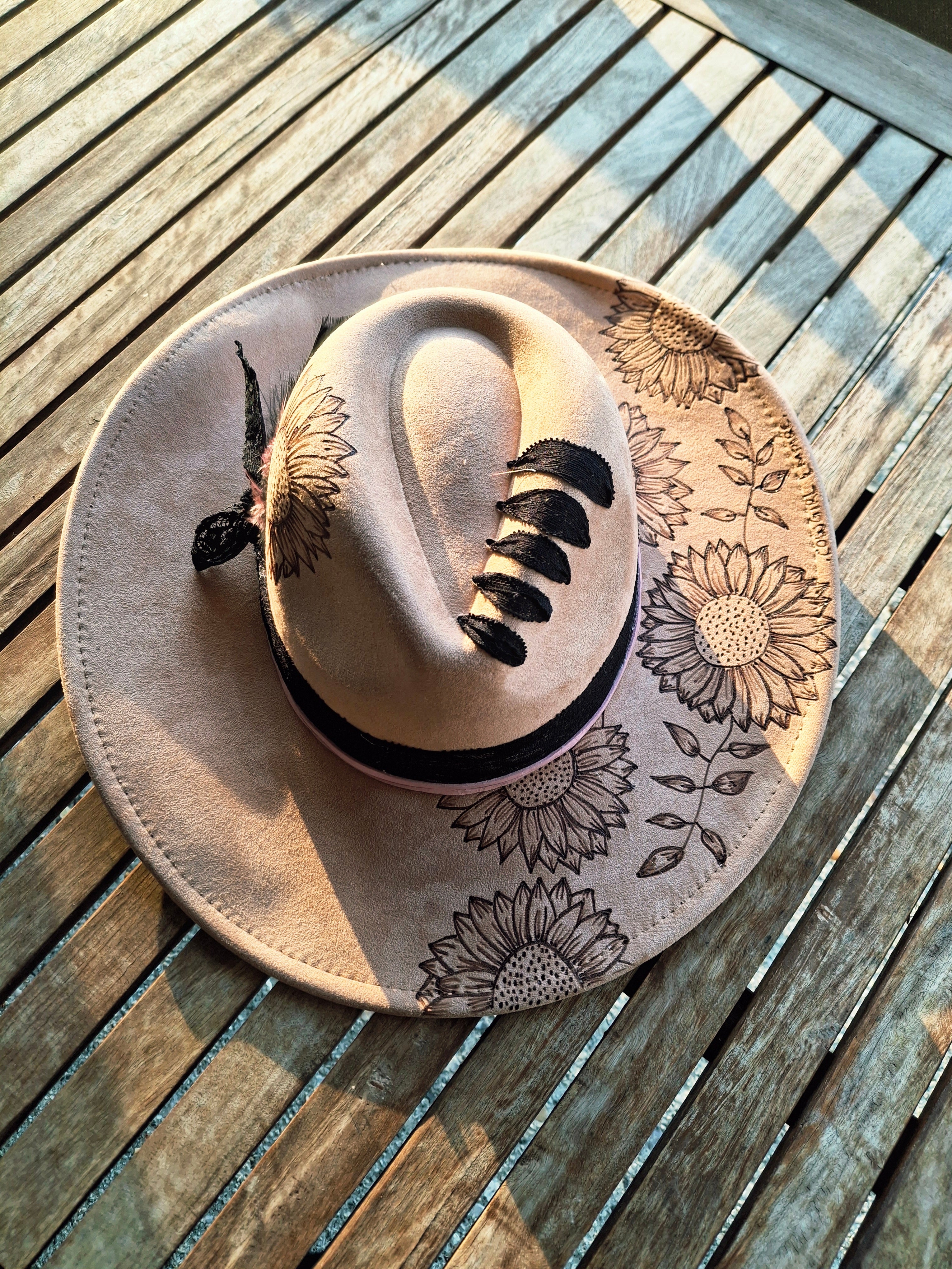 Hand burnt Sunflower dream hat