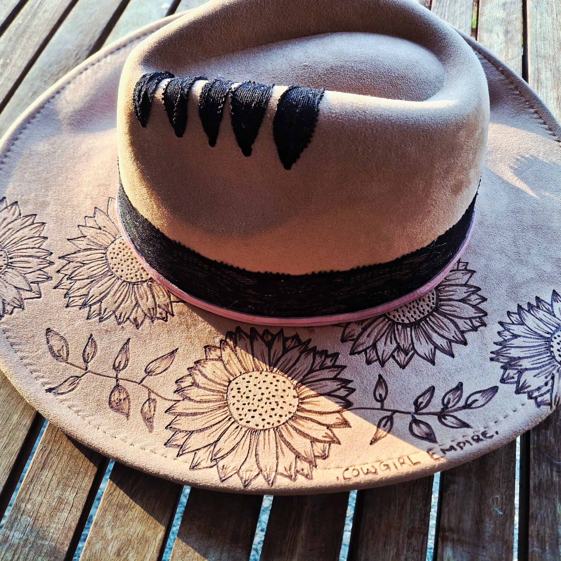 Hand burnt Sunflower dream hat
