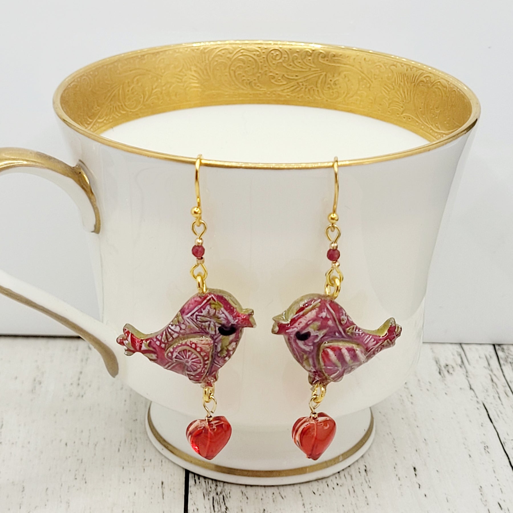 Red Folk Heart Birds