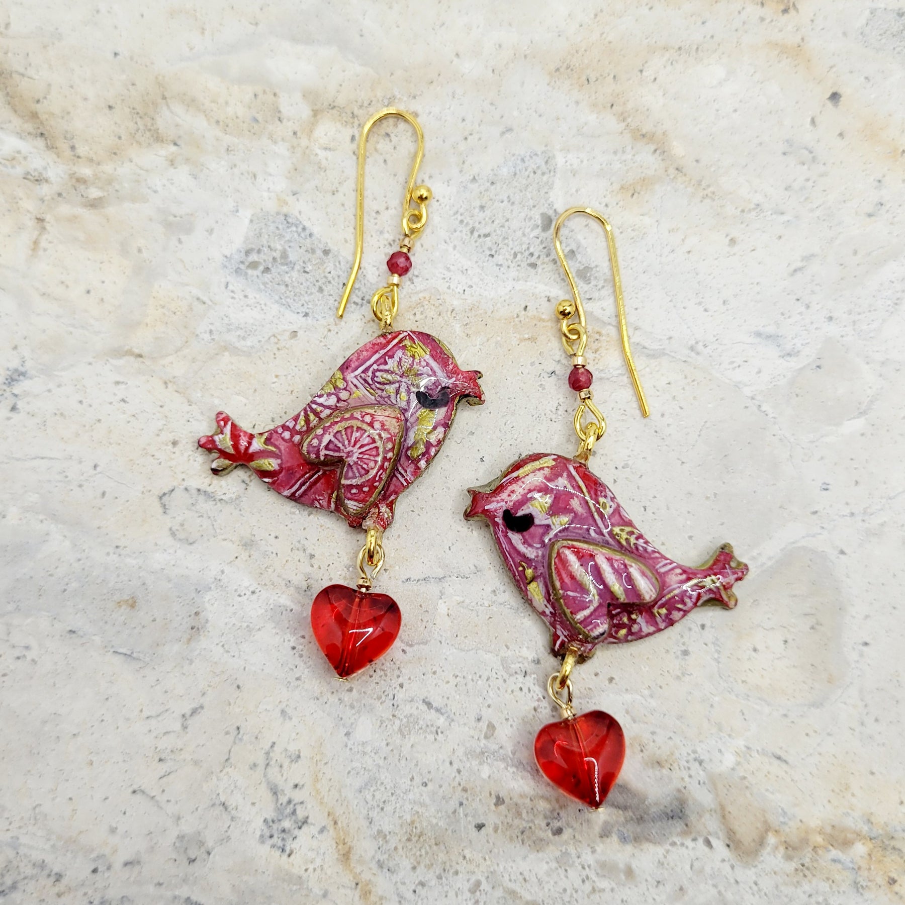 Red Folk Heart Birds