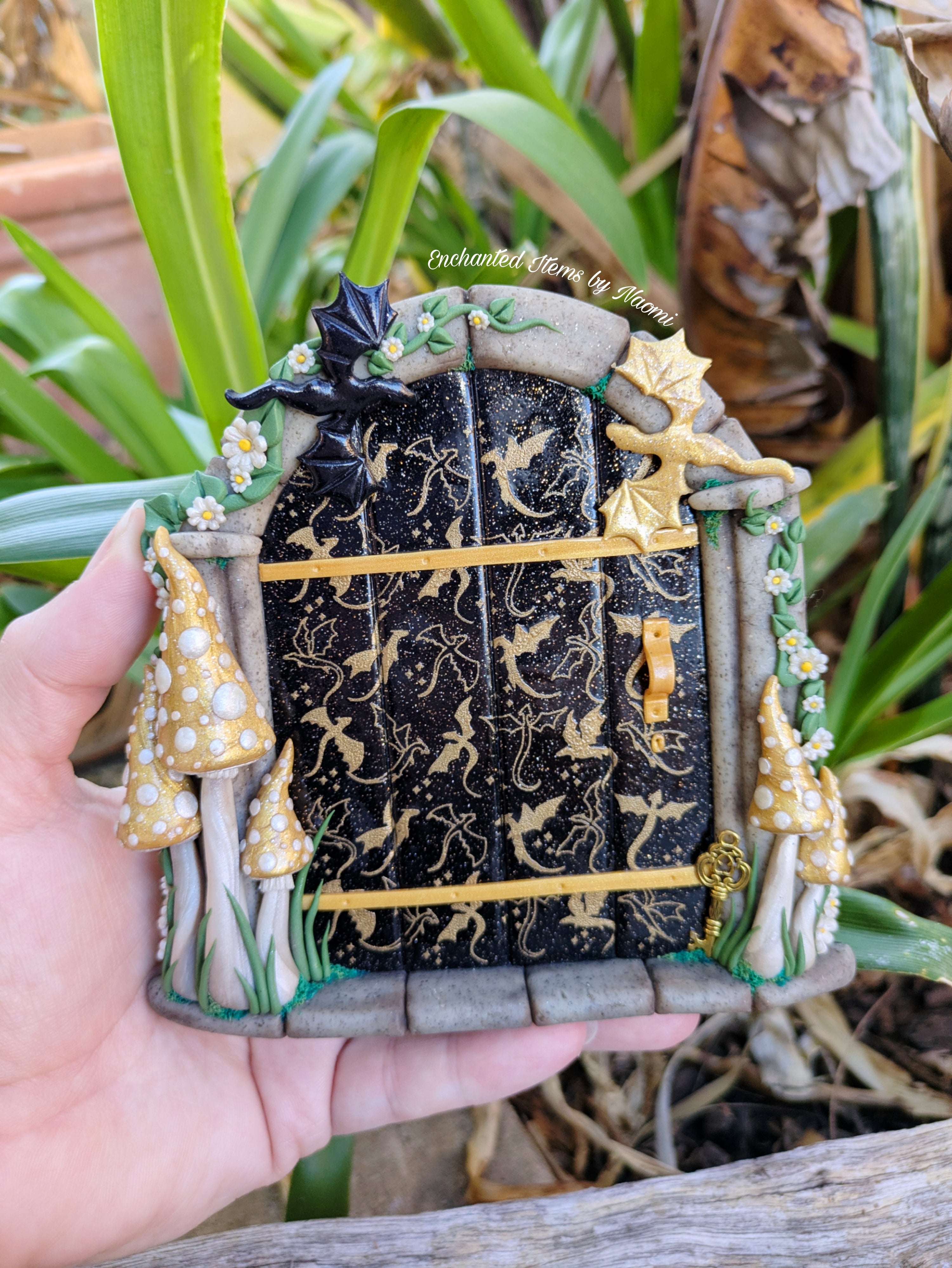 Enchanted Inspired Flight Dragon door - Handcrafted Polymer Clay Fairy door
