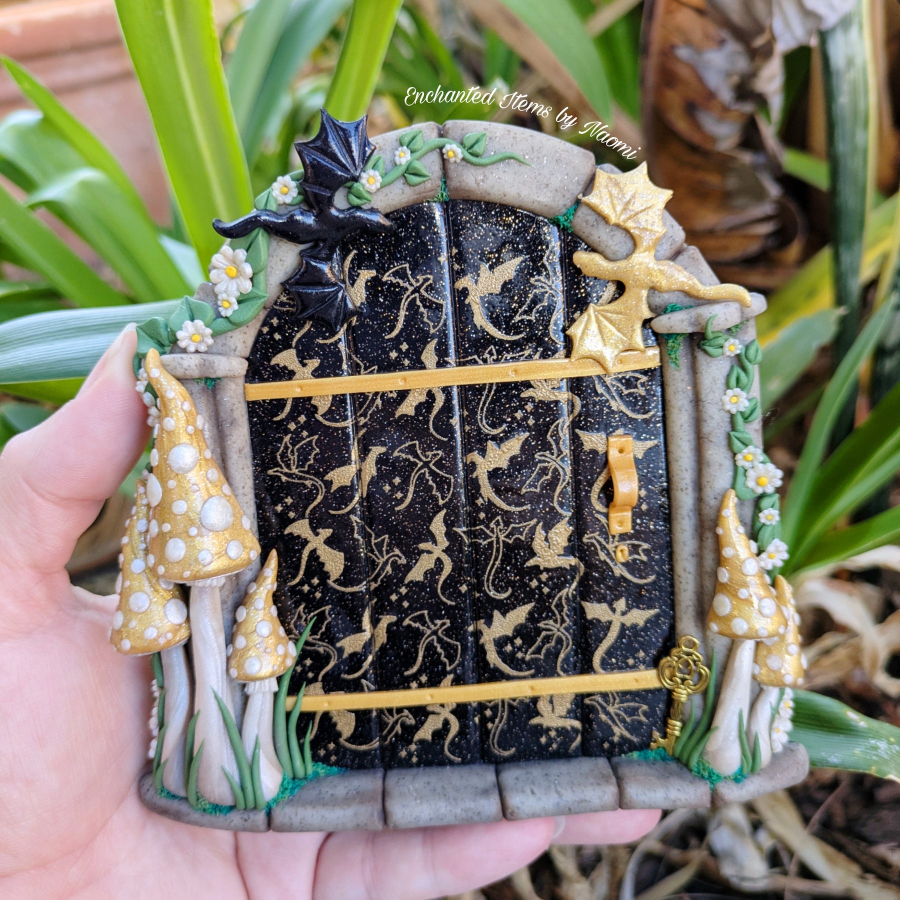 Enchanted Inspired Flight Dragon door - Handcrafted Polymer Clay Fairy door